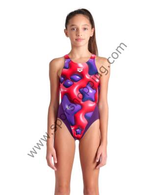 Arena Star Shaped Kız Çocuk Yüzücü Mayosu – Yıldız Desenli Mor & Kırmızı | 008169950 - 2