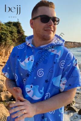 Sörf Yazlık Panço Kapşonlu Bornoz Plaj Havlusu (LIVE FREE) Summer (köpekbalığı)