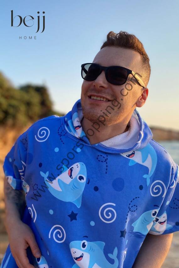 Sörf Yazlık Panço Kapşonlu Bornoz Plaj Havlusu (LIVE FREE) Summer (köpekbalığı) - 2