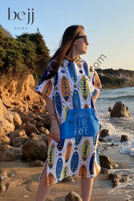 Sörf Yazlık Panço Kapşonlu Bornoz Plaj Havlusu (LIVE FREE) Summer (mavi beyaz) - 1