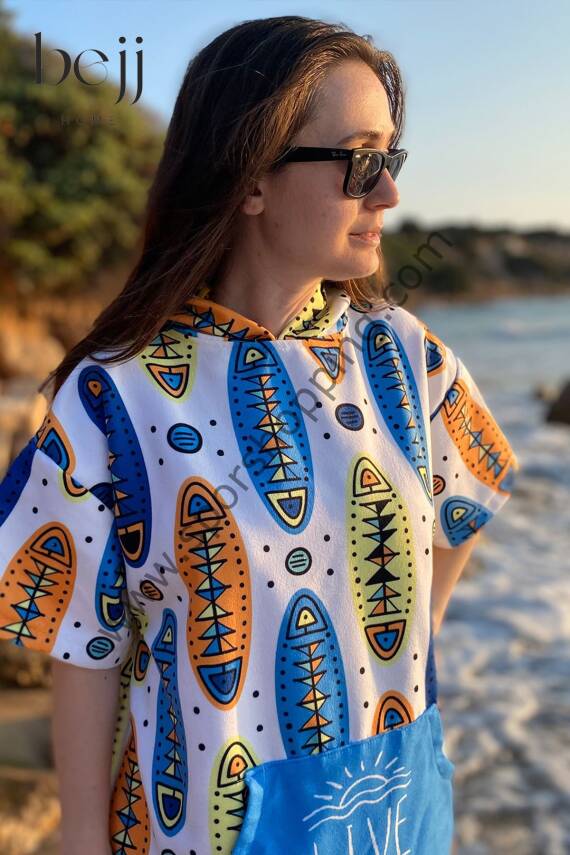 Sörf Yazlık Panço Kapşonlu Bornoz Plaj Havlusu (LIVE FREE) Summer (mavi beyaz) - 2