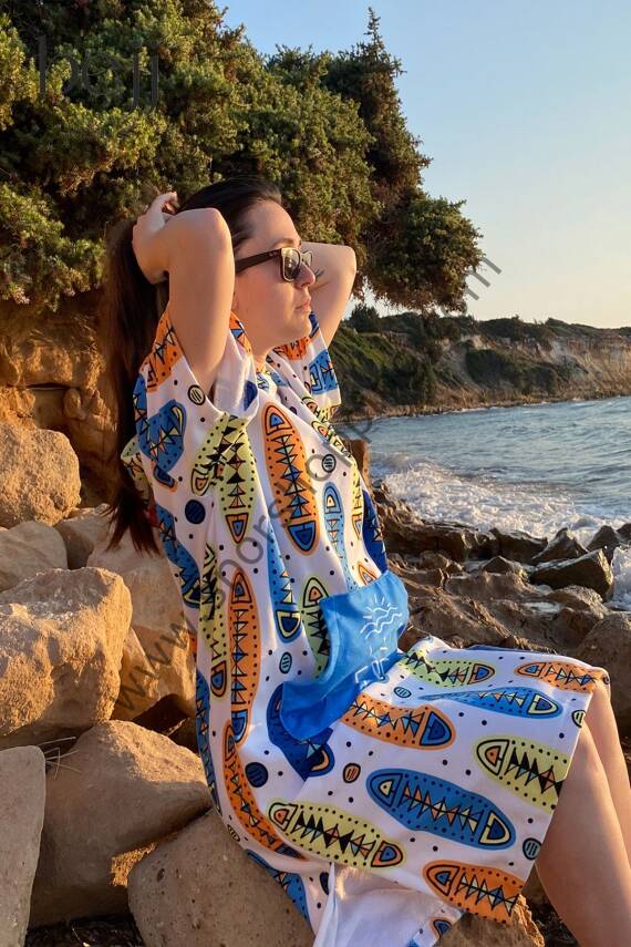 Sörf Yazlık Panço Kapşonlu Bornoz Plaj Havlusu (LIVE FREE) Summer (mavi beyaz) - 3