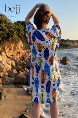 Sörf Yazlık Panço Kapşonlu Bornoz Plaj Havlusu (LIVE FREE) Summer (mavi beyaz) - 4