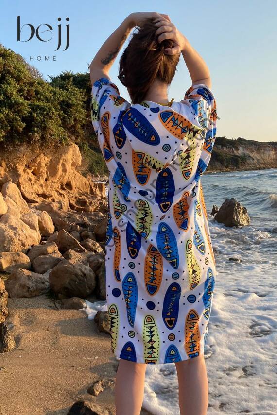 Sörf Yazlık Panço Kapşonlu Bornoz Plaj Havlusu (LIVE FREE) Summer (mavi beyaz) - 4