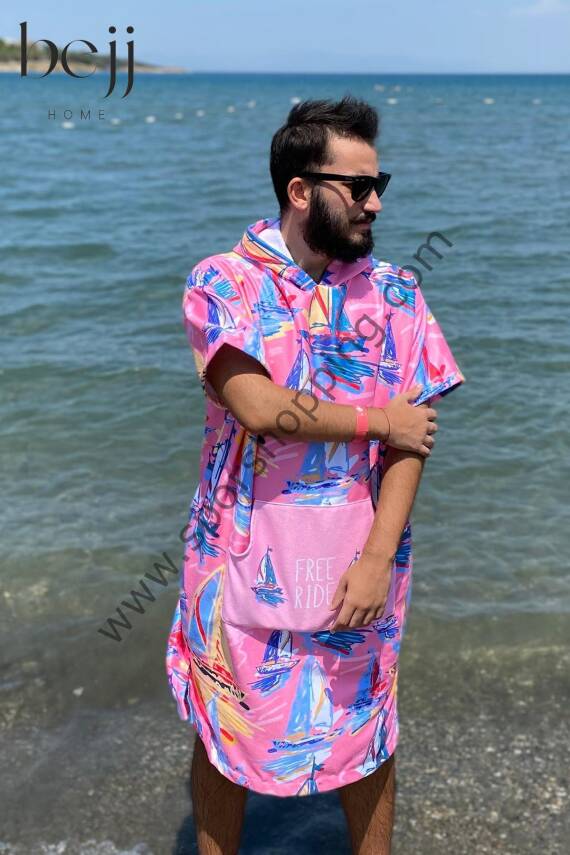 Sörf Yazlık Panço Kapşonlu Bornoz Plaj Havlusu (LIVE FREE) Summer (pembe) - 3
