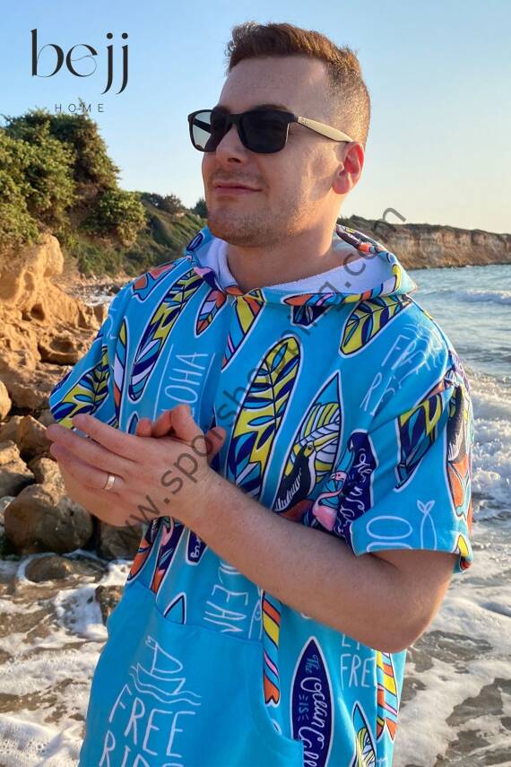 Sörf Yazlık Panço Kapşonlu Bornoz Plaj Havlusu (LIVE FREE) Summer (turkuaz) - 1