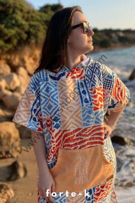 Sörf Yazlık Panço Kapşonlu Bornoz Plaj Havlusu (LIVE FREE) Summer (turuncu desenli)