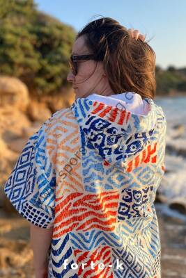 Sörf Yazlık Panço Kapşonlu Bornoz Plaj Havlusu (LIVE FREE) Summer (turuncu desenli) - 2