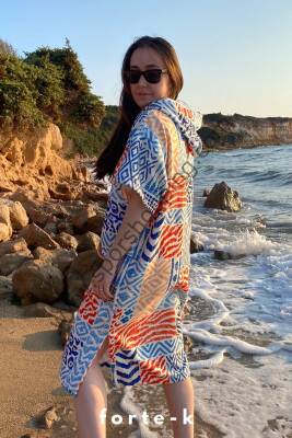 Sörf Yazlık Panço Kapşonlu Bornoz Plaj Havlusu (LIVE FREE) Summer (turuncu desenli) - 3