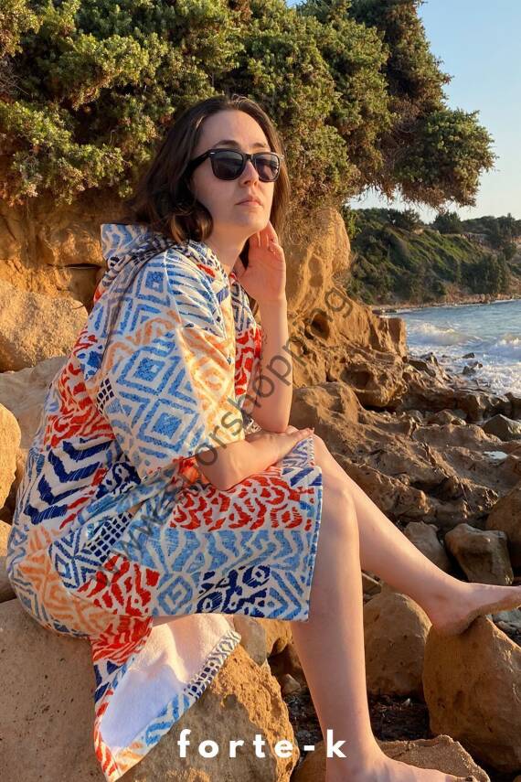 Sörf Yazlık Panço Kapşonlu Bornoz Plaj Havlusu (LIVE FREE) Summer (turuncu desenli) - 4